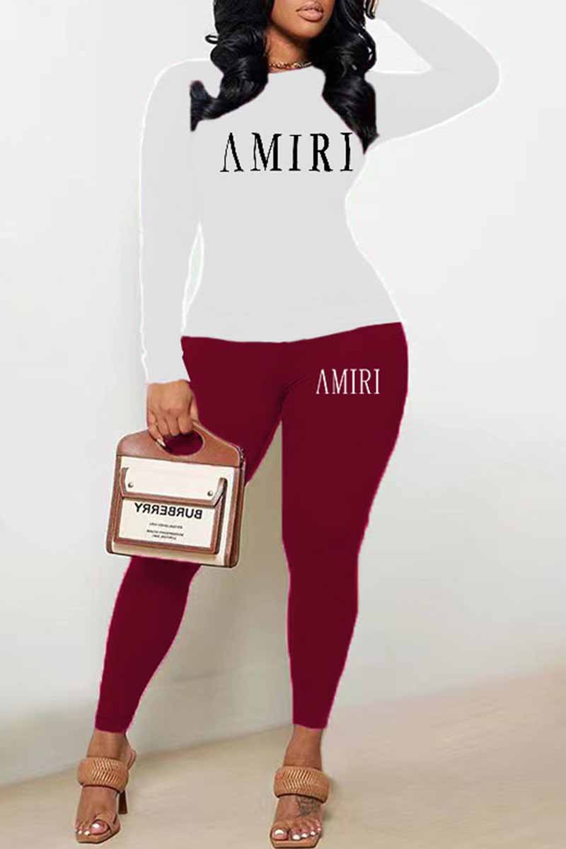 

Burgundy Casual Print Letter O Neck Long Sleeve Two Pieces