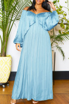 Голубое повседневное однотонное длинное платье в стиле пэчворк с V-образным вырезом Платья