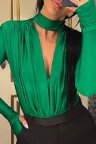 Groene sexy effen uitgeholde patchwork vouw halve coltrui normale bodysuits