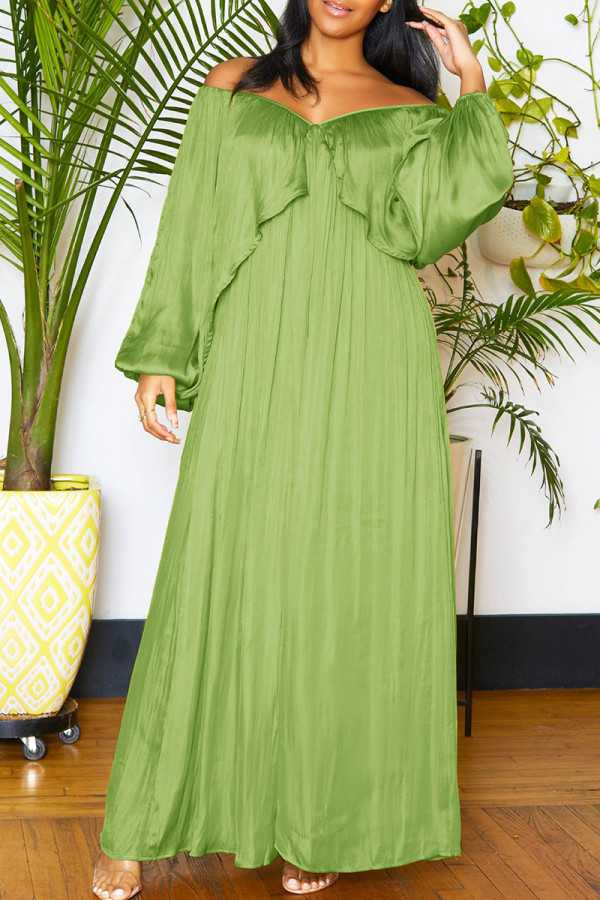 Hellgrüne, lässige, solide Patchwork-Falte mit V-Ausschnitt, lange Kleider
