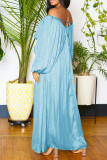 Lichtblauw Casual Solid Patchwork Fold V-hals Lange jurkjurken