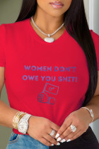 Camisetas con cuello en O de patchwork con estampado de calle rojo
