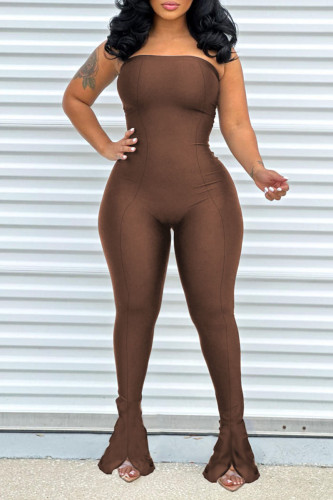Coffee Sexy Solid Patchwork Strapless Skinny Jumpsuits