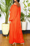 Vestido longo casual vermelho tangerina patchwork sólido com decote em V