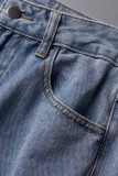 Голубые повседневные однотонные рваные джинсы прямого кроя с высокой талией
