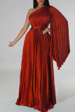 Vestidos rectos de cuello oblicuo con pliegues de patchwork sólido elegante rojo
