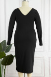 ブラック セクシー ソリッド パッチワーク V ネック ペンシル スカート プラス サイズ ドレス