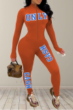 オレンジ ストリート パッチワーク ジッパー カラー スキニー ジャンプスーツ