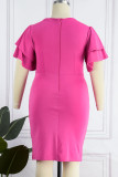 Vestidos de talla grande con falda de un solo paso con cuello en O de retazos sólidos informales de color rojo rosa