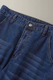 Jeans jeans reto azul profundo casual patchwork básico cintura alta
