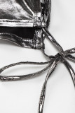 Серебряные сексуальные однотонные топы в стиле пэчворк с уздечкой и круглым вырезом