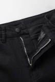 Jeans jeans skinny preto casual liso rasgado patchwork cintura alta