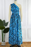 Blauwe sexy casual print patchwork backless gleuf schuine kraag lange jurk