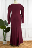 Svarta sexiga formella solida lapptäcken V-hals långärmade klänningar i plusstorlek