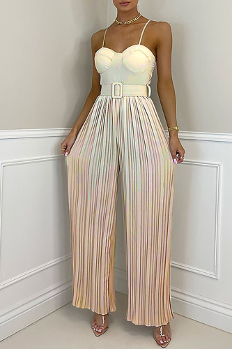 Apricot Sexy Solid Patchwork Fold Spaghetti Strap Straight Jumpsuits