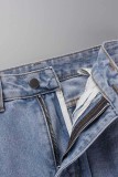 Light Blue Casual Solid Ripped High Waist Straight Denim Jeans