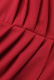 Красное сексуальное вечернее платье в стиле пэчворк с прозрачным разрезом и круглым вырезом