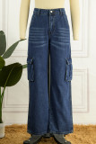 Deep Blue Casual Solid Patchwork Basic High Waist Straight Denim Jeans