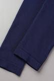 Roupa esportiva casual azul marinho patchwork sólido decote em U manga longa duas peças
