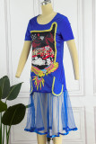 Blue Casual Print Patchwork O Neck Printed Dress Dresses