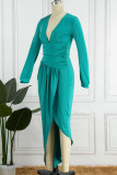 Grön Sexig Solid Patchwork Vik Asymmetrisk V-hals oregelbunden klänning klänningar