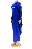 Rechte jurken met blauwe straatprint en patchwork met ritssluiting en kraag