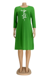 Gröna Casual Print Patchwork O-hals raka klänningar