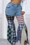 Tiefblaue Patchwork-Jeans mit hoher Taille und Karomuster
