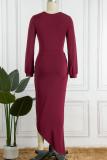 Rose Red Sexig Solid Patchwork Vik Asymmetrisk V-hals oregelbunden klänning klänningar