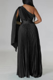 Zwarte elegante effen patchwork vouw schuine kraag rechte jurken