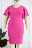 Розово-красная повседневная однотонная лоскутная юбка с круглым вырезом Платья больших размеров