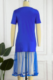 Blå Casual Print Patchwork O-halstryckta klänningar