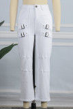 Witte casual effen patchwork normale broek met middelhoge taille