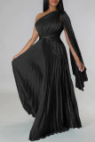 Black Elegant Solid Patchwork Fold Oblique Collar Straight Dresses