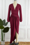 Burgundy Sexy Solid Patchwork Fold Asymmetrical V Neck Irregular Dress Dresses