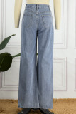 Jeans de mezclilla rectos de cintura alta rasgados sólidos informales azul claro