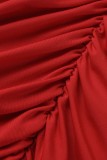 Vestido vermelho sexy casual plus size sólido sem costas com fenda dobrada gola oblíqua sem mangas