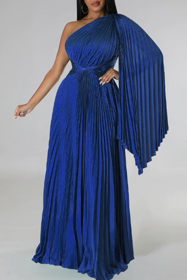 Kleurrijke blauwe elegante effen patchwork vouw schuine kraag rechte jurken