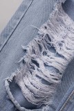 Голубые повседневные однотонные рваные джинсы прямого кроя с высокой талией
