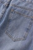 Голубые повседневные однотонные рваные джинсы стандартного кроя с высокой талией