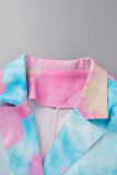 Puderblaue, lässige, bedruckte Tie-Dye-Patchwork-Knöpfe Oberbekleidung mit Umlegekragen