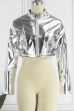 Silver Sexiga Solid Patchwork Blixtlås Ytterkläder
