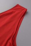Красное сексуальное повседневное платье большого размера без рукавов с открытой спиной и разрезом с вырезом и косым воротником