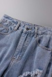 Hellblaue, lässige, feste, zerrissene, gerade Denim-Jeans mit hoher Taille
