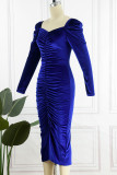 ブルー エレガント ソリッド パッチワーク フォールド スクエア カラー ワンステップ スカート ドレス
