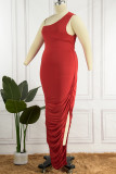 Rode sexy casual plus size effen rugloze split vouw schuine kraag mouwloze jurk