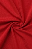 Rode sexy casual plus size effen rugloze split vouw schuine kraag mouwloze jurk