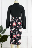Negro casual elegante estampado patchwork con lazo medio cuello alto falda de un paso vestidos