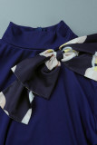 ブラック カジュアル エレガント プリント パッチワーク ボウ付き ハーフ タートルネック ワンステップ スカート ドレス
