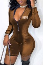 Coffee Sexy Print Letter Zipper Collar Rompers